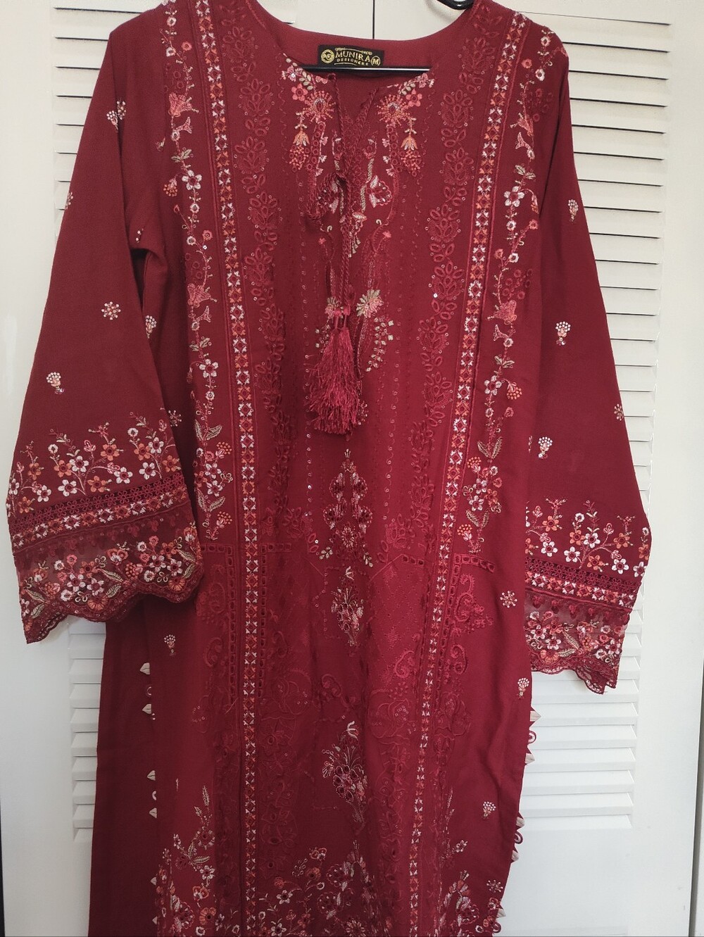 Red Embroidered Linen Tunic Dress With Organza Printed Dupatta Size Medium